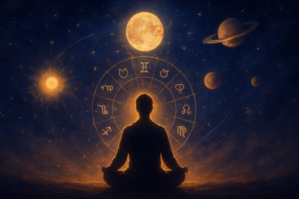 A digital painting showing a human figure meditating under a cosmic night sky, with celestial symbols and glowing planets representing astrology, time, and human energy flow — symbolizing the connection between karma and planetary movement.