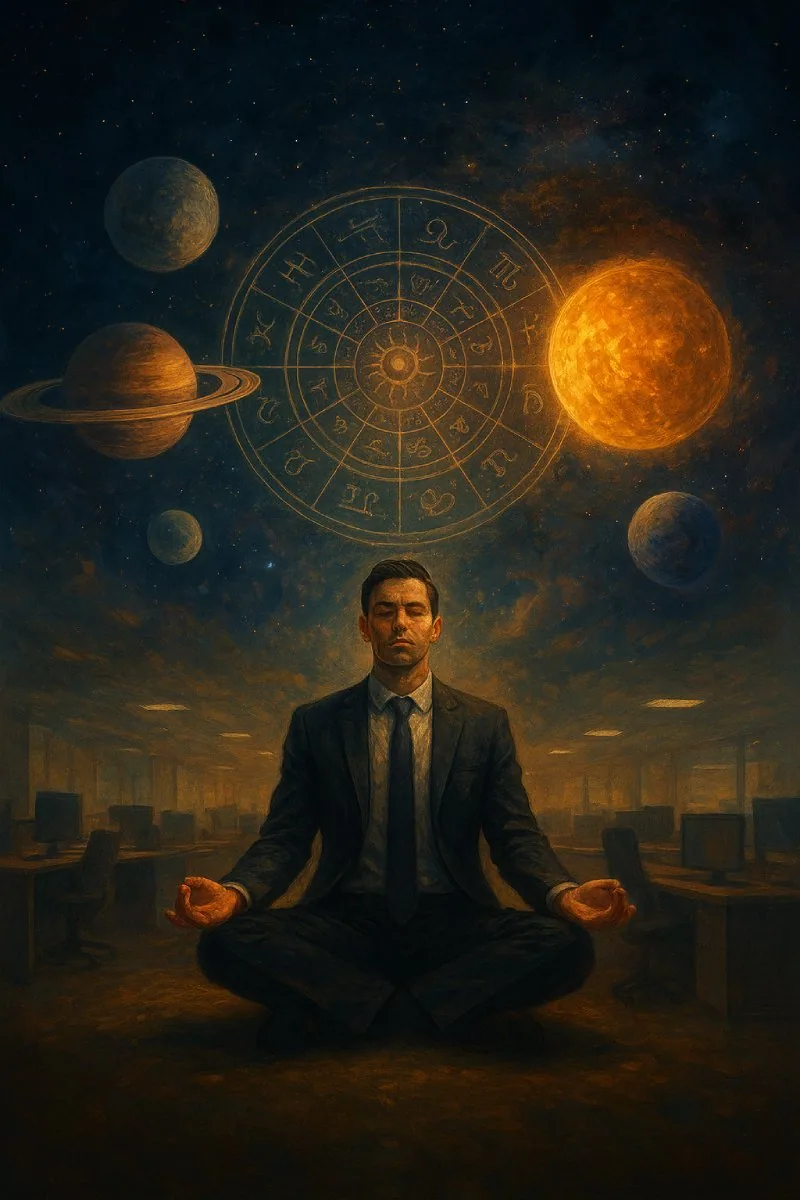 A symbolic digital painting of a professional meditating under cosmic planets and zodiac signs, representing astrology and karma in the corporate world.