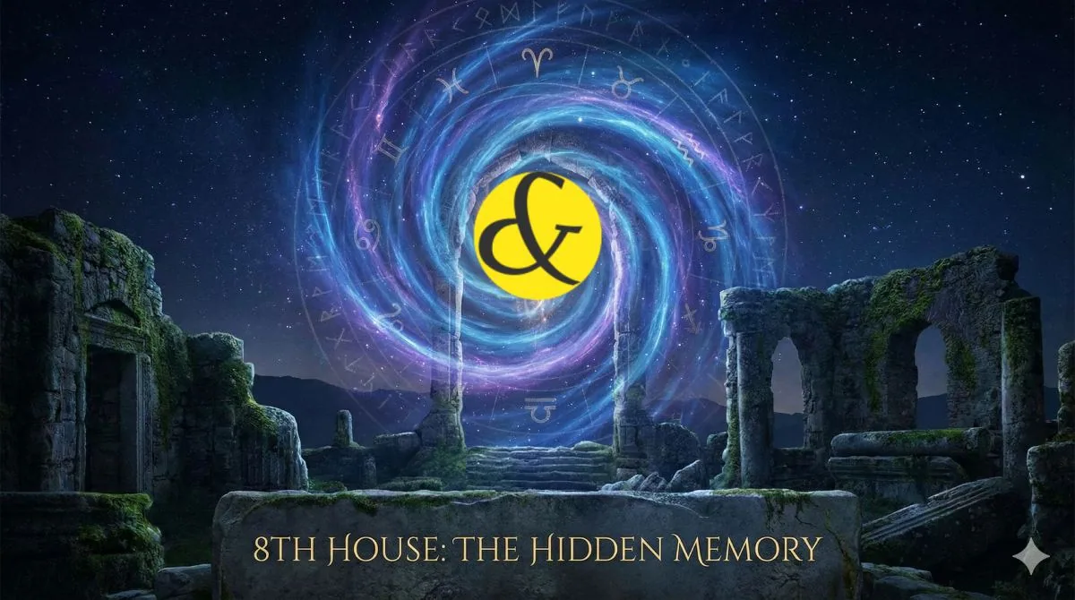 An astrological illustration of the 8th House, depicted as a phoenix rising from the ashes, symbolizing rebirth, transformation, and hidden karmic treasures.
