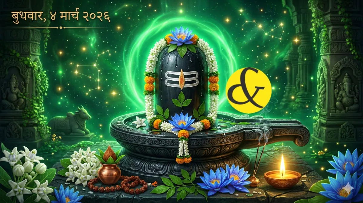 Emerald green astrological theme with Shivling representing Wednesday 04 March 2026.