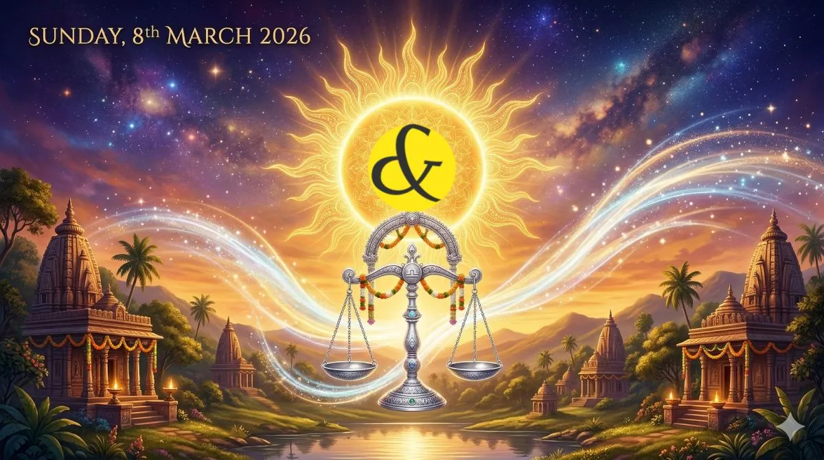 Radiant Sun and Libra scales astrological theme representing the Sunday Horoscope for 08 March 2026.