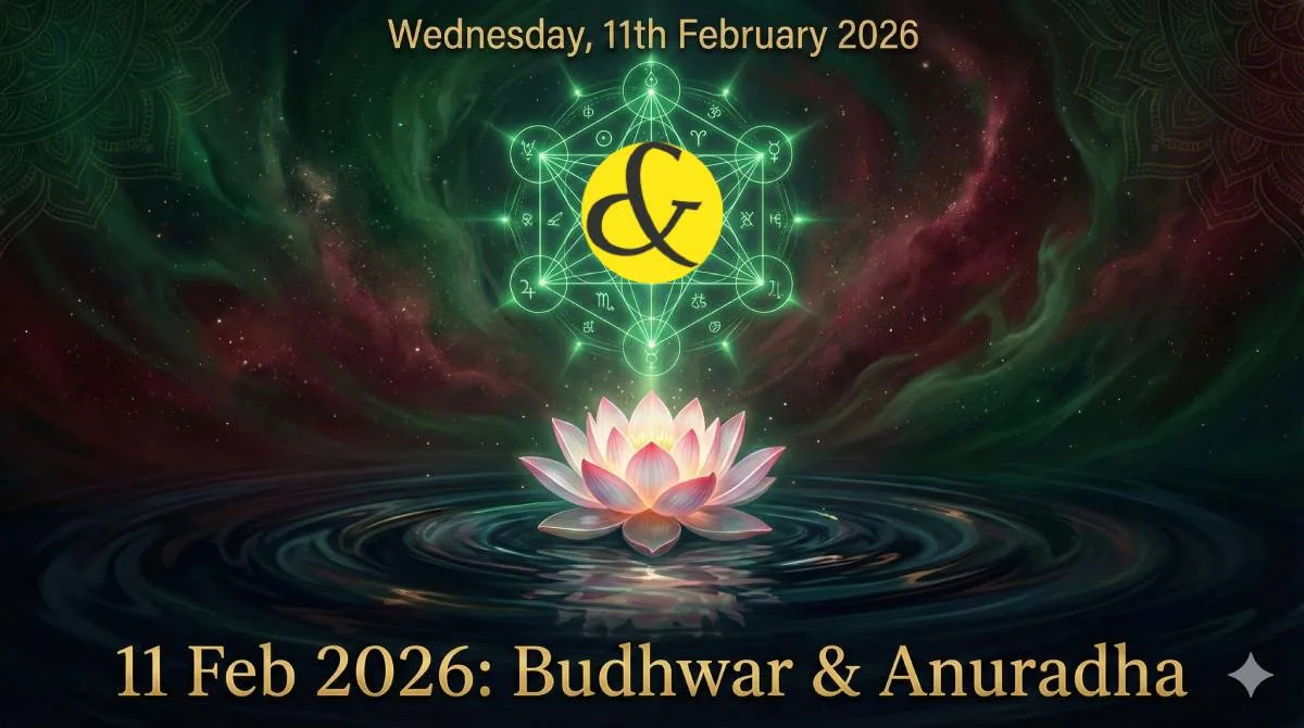 Lotus symbol of Anuradha Nakshatra and Mercury Green representing Wednesday 11th February 2026 astrology.
