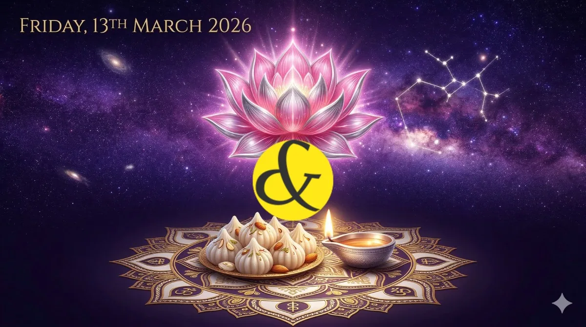 Glowing pink lotus and Sagittarius bow representing the astrological Friday Horoscope and Panchang for 13 March 2026.