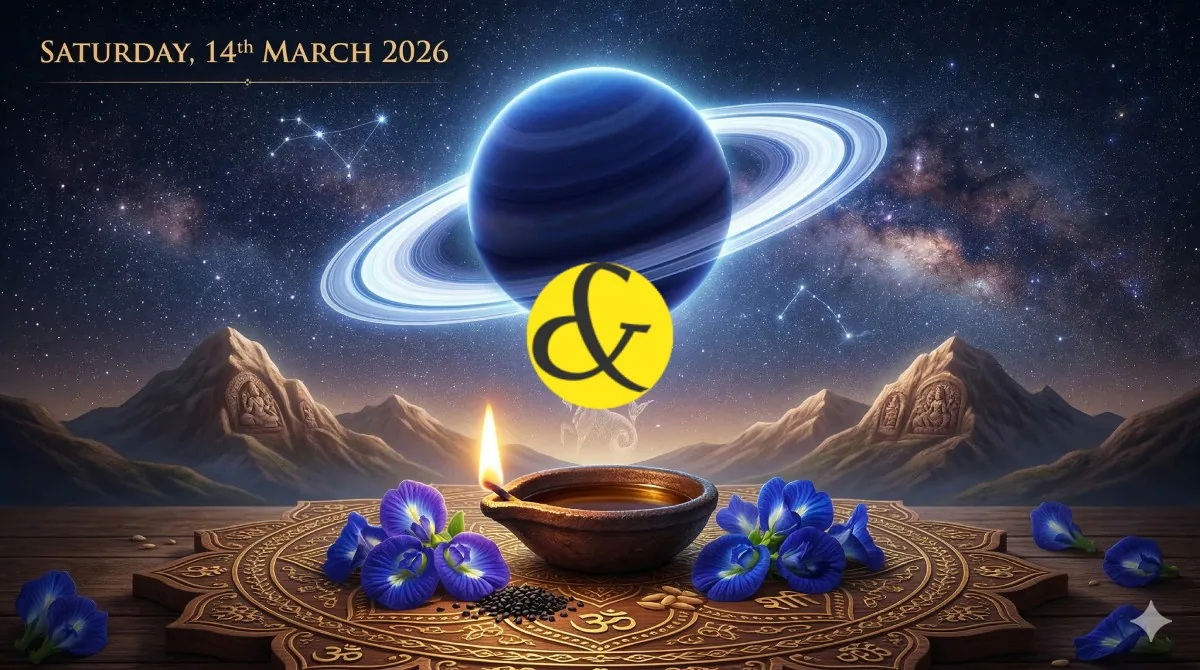 Glowing indigo planet Saturn and a lit mustard oil lamp representing the astrological Saturday Horoscope and Panchang for 14 March 2026.