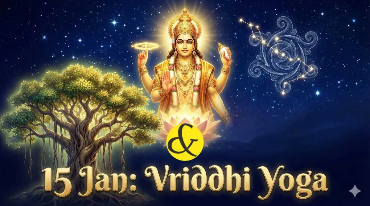 Lord Vishnu and Jyeshtha Nakshatra symbols representing 15th January 2026 astrology.