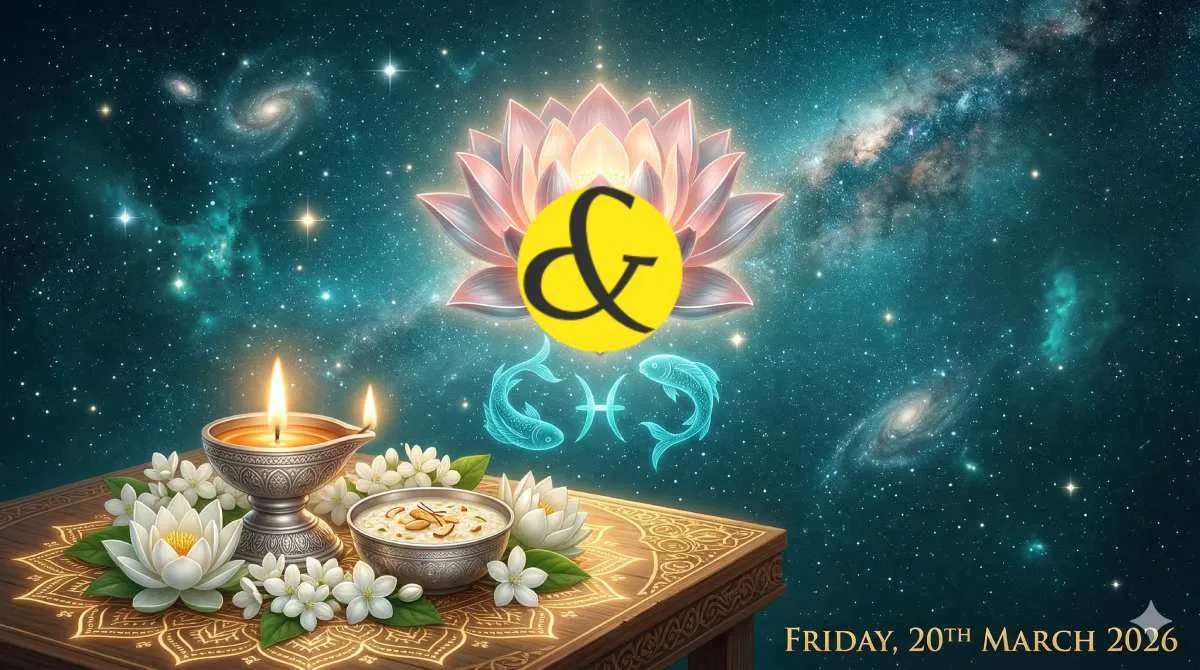 Glowing pink lotus and Pisces fish symbol representing the astrological Friday Horoscope and Panchang for 20 March 2026.