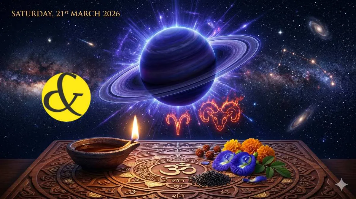 Glowing indigo planet Saturn and a fiery Aries Ram symbol representing the astrological Saturday Horoscope and Panchang for 21 March 2026.