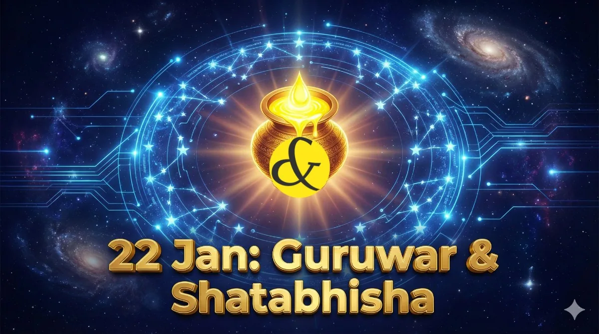 Golden Kalash and Electric Blue stars representing 22nd January 2026 astrology.