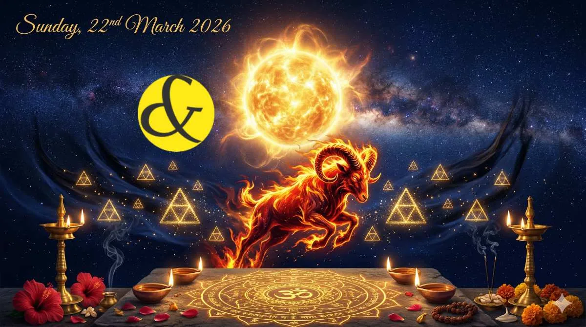 Radiant golden sun and Aries fiery ram symbol representing the astrological Sunday Horoscope and Panchang for 22 March 2026.