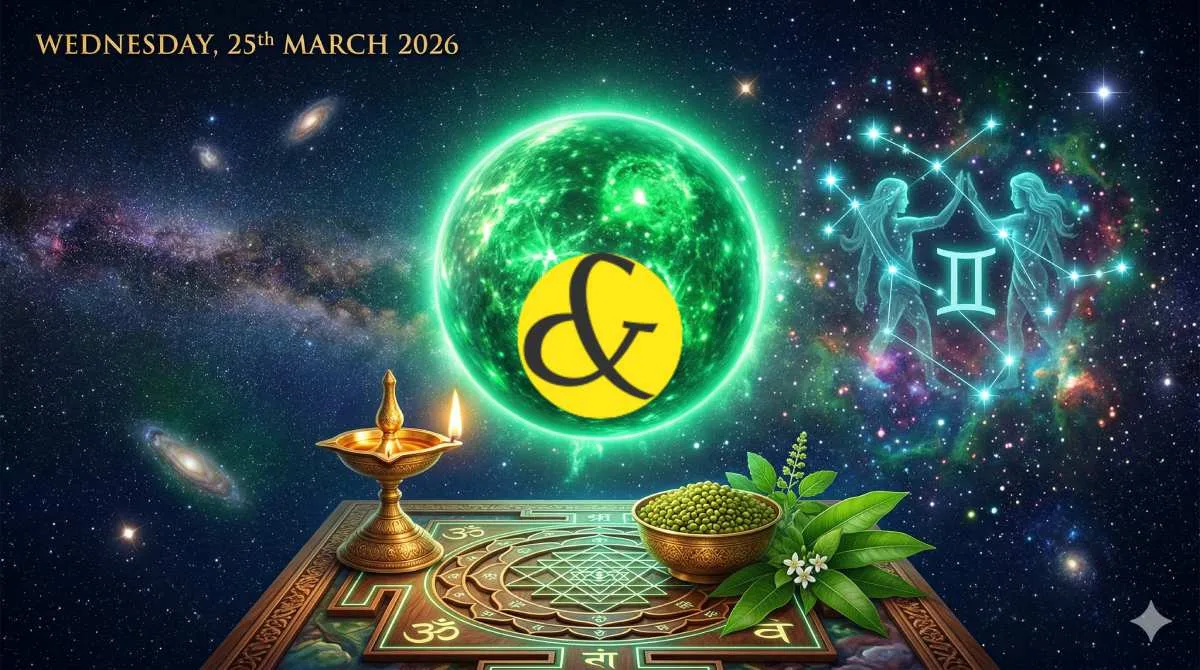 Glowing emerald-green Mercury and Gemini twins symbol representing the astrological Wednesday Horoscope and Panchang for 25 March 2026.