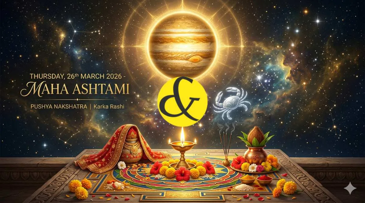 Glowing golden Jupiter and traditional Durga Ashtami Puja setup representing the astrological Thursday Horoscope and Panchang for 26 March 2026.