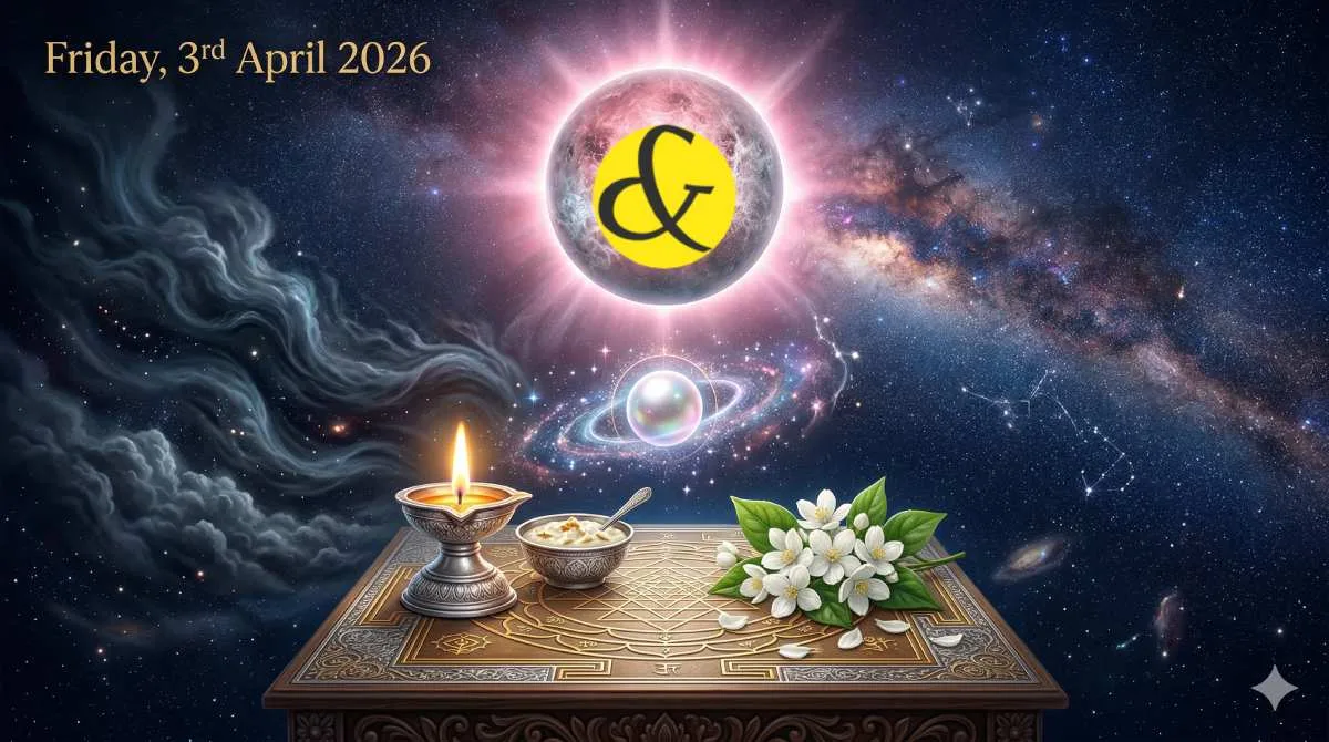 Glowing pink Venus and Chitra pearl symbol representing the astrological Friday Horoscope and Panchang for 03 April 2026.