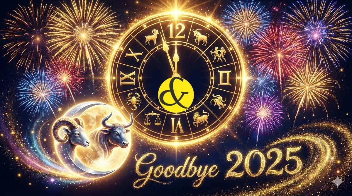 31 December 2025 Horoscope Chart with New Year celebration theme and Zodiac symbols.