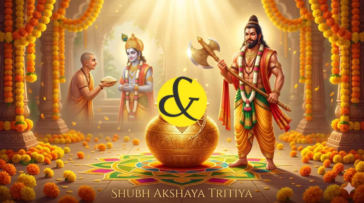 A golden Kalash overflowing with coins and jewelry, representing endless wealth and blessings on the auspicious festival of Akshaya Tritiya (Akha Teej) on 19 April 2026.