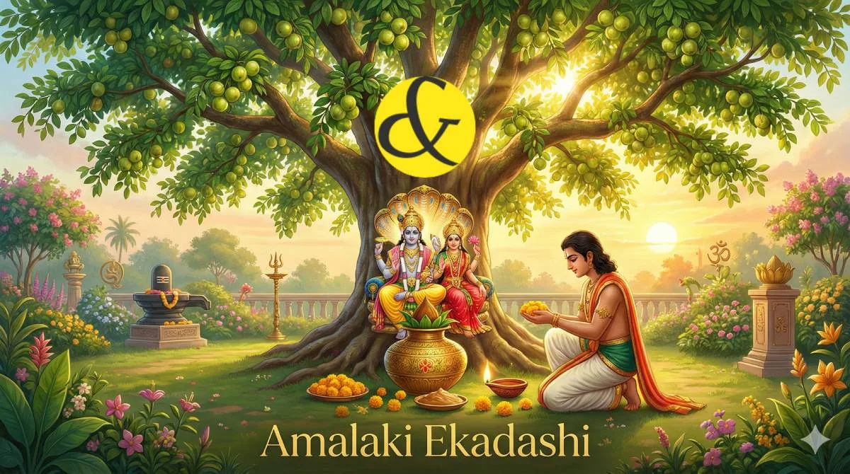 Devotee performing Lord Vishnu Puja under the Amla Tree on Amalaki Ekadashi.
