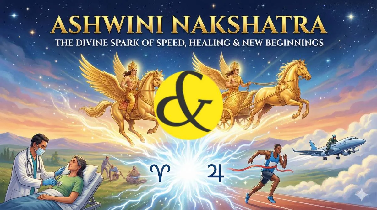 An artistic representation of two celestial horsemen (Ashwini Kumaras) riding swiftly across a starry sky at dawn, symbolizing the first burst of light and healing energy of the Ashwini Nakshatra.