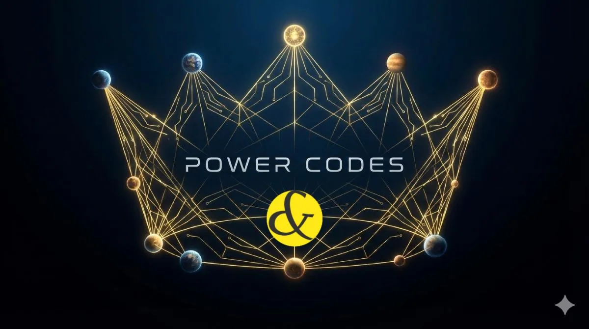 A futuristic, digital astrology concept art showing planetary orbits connecting to form a glowing geometric "Code," symbolizing the Raj Yoga and Success patterns in a birth chart.