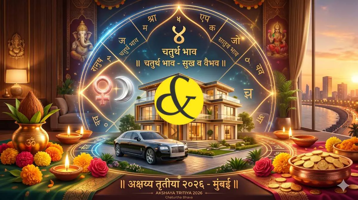 Glowing Vedic Kundali surrounded by a modern house and luxury car, representing the 4th house of material comforts in astrology.