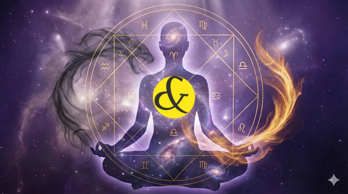 A surreal, spiritual illustration showing a human silhouette made of starlight looking into a mirror. The reflection shows a complex astrological birth chart, symbolizing self-discovery through astrology. Background features Rahu (Dragon Head) and Ketu (D