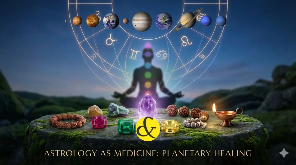 A split composition showing a human silhouette with glowing chakras on one side and orbiting planets with matching gemstones (Ruby, Emerald, Sapphire) on the other, symbolizing cosmic healing.