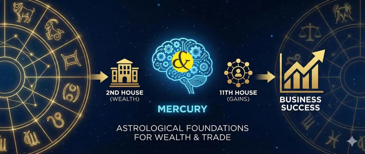 An infographic showing the astrological chart with the 2nd, 7th, 10th, and 11th houses highlighted in gold, representing the "Business Wealth Formula."