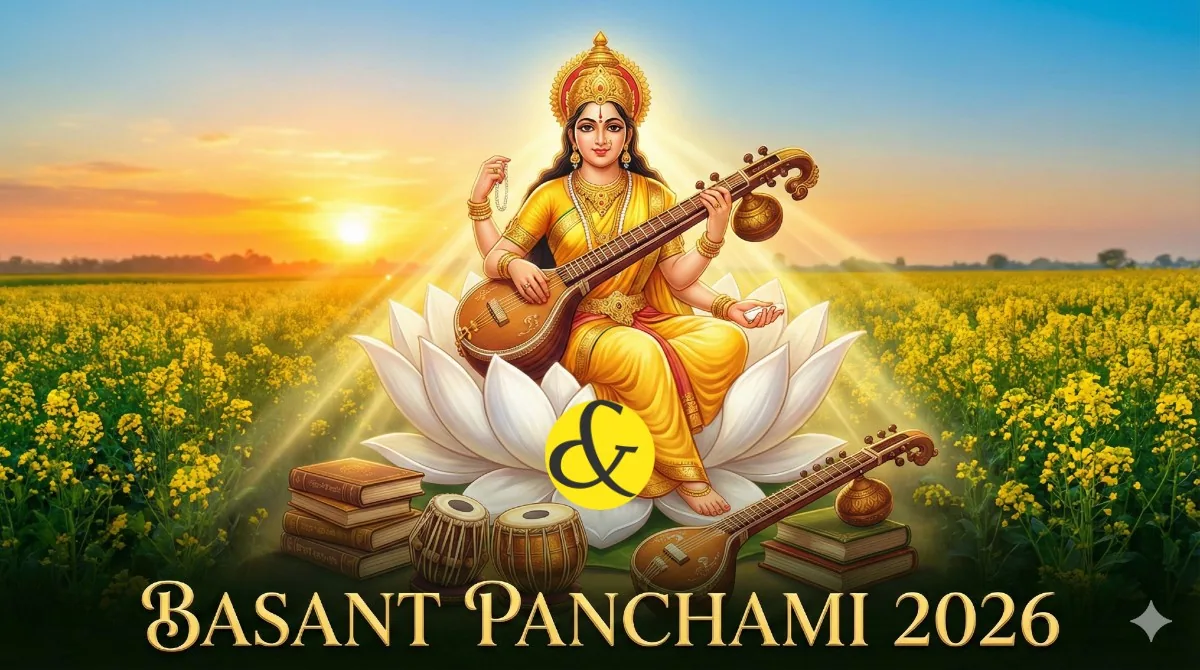 Goddess Saraswati on a lotus with yellow flowers for Basant Panchami festival.