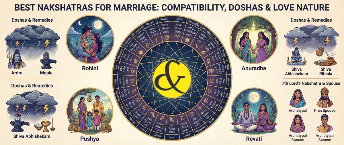 A Vedic astrology wheel showing the 27 Nakshatras with Rohini and Anuradha highlighted as 'Best for Marriage', alongside a traditional Indian wedding couple illustration.