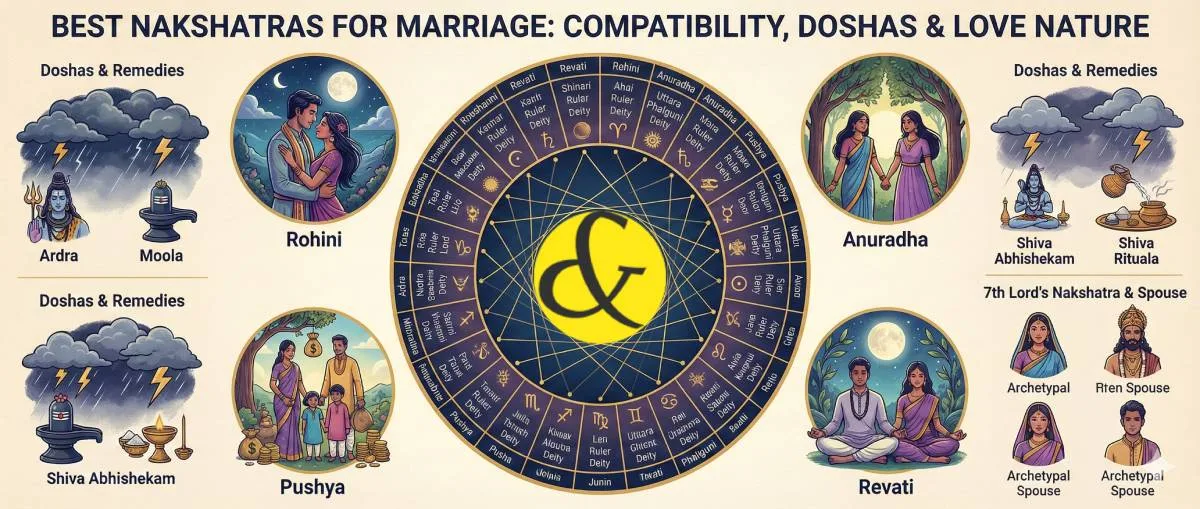 A Vedic astrology wheel showing the 27 Nakshatras with Rohini and Anuradha highlighted as 'Best for Marriage', alongside a traditional Indian wedding couple illustration.