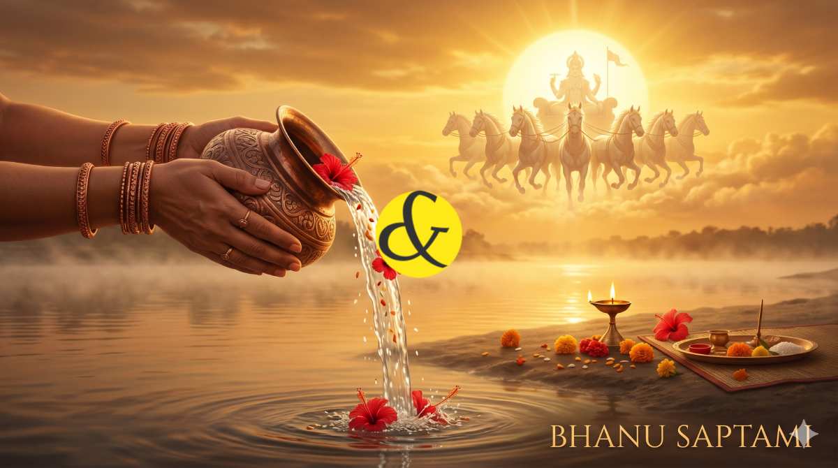 | A devotee offering Arghya (water) to the Sun God from a    |