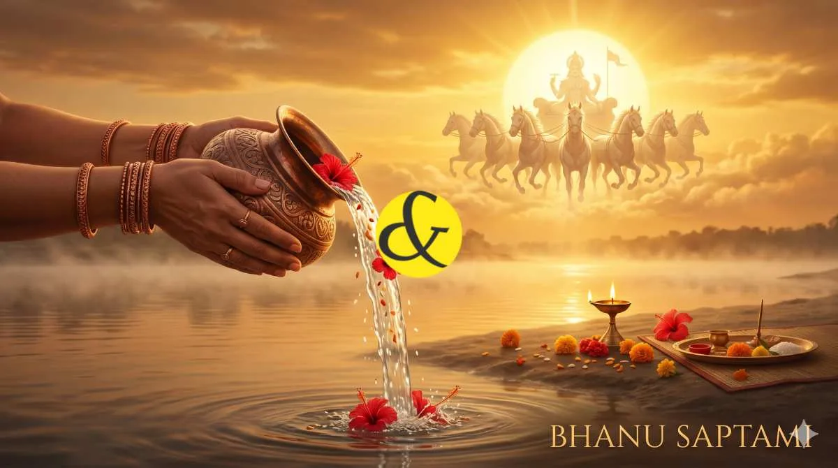 | A devotee offering Arghya (water) to the Sun God from a    |