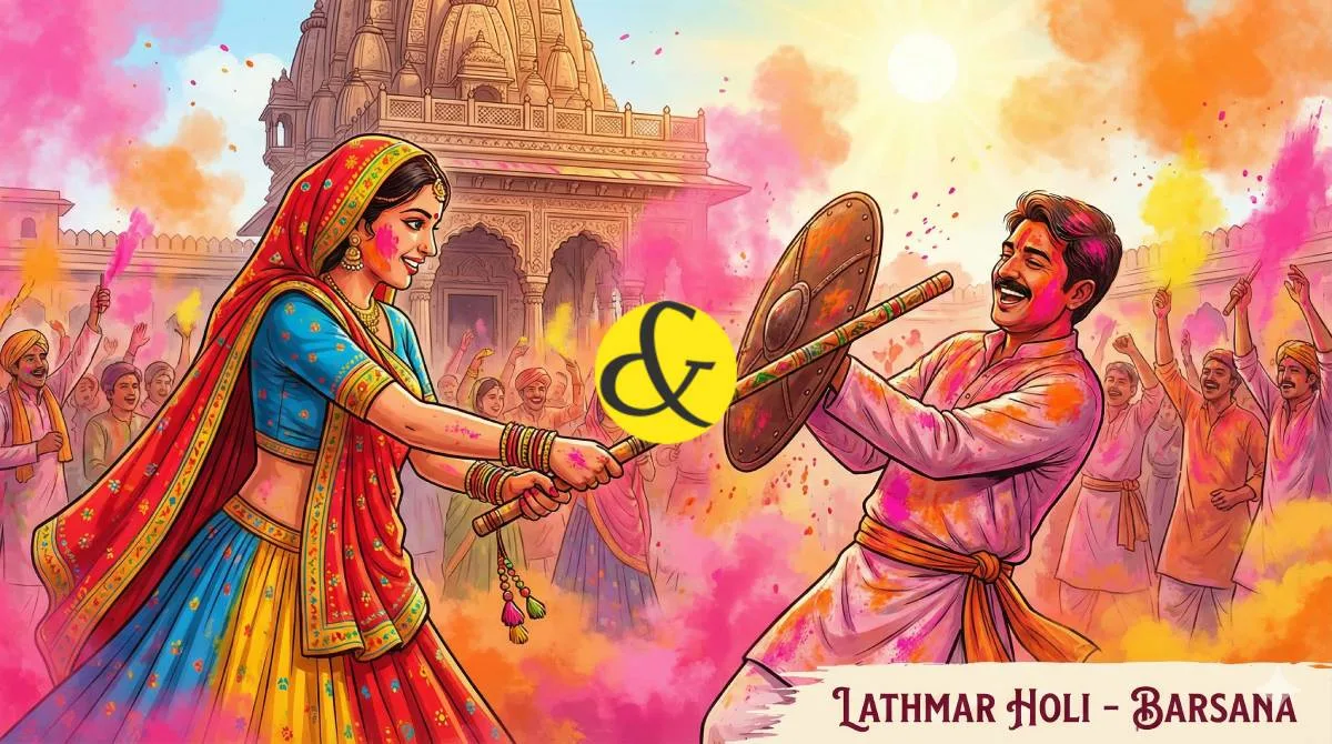 Women playfully hitting men with sticks during Lathmar Holi in Barsana, India.
