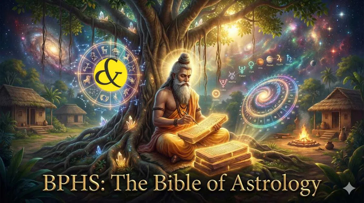 Ancient manuscript of Brihat Parashara Hora Shastra with astrological charts.