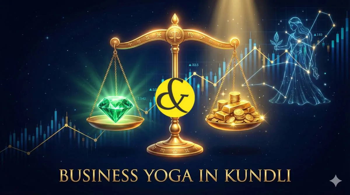 Golden scale and Mercury planet representing Business Yoga in Astrology.