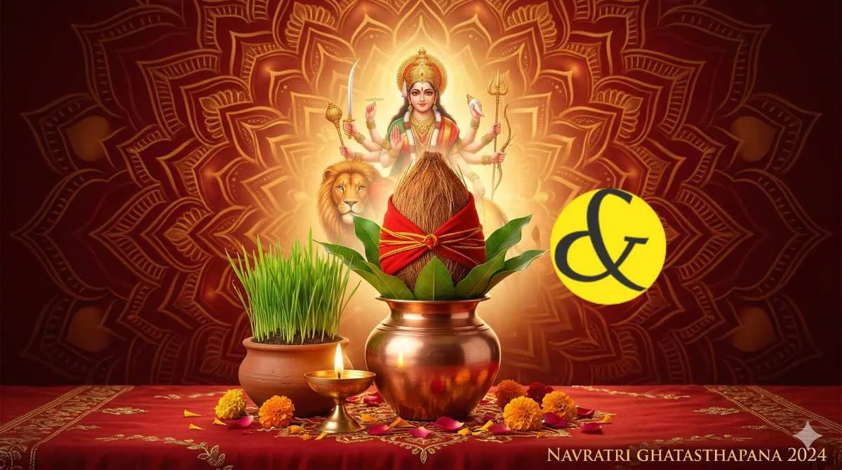 Traditional Kalash Sthapana, Akhand Jyoti, and barley sprouts setup for Chaitra Navratri Ghatasthapana on 19 March 2026.