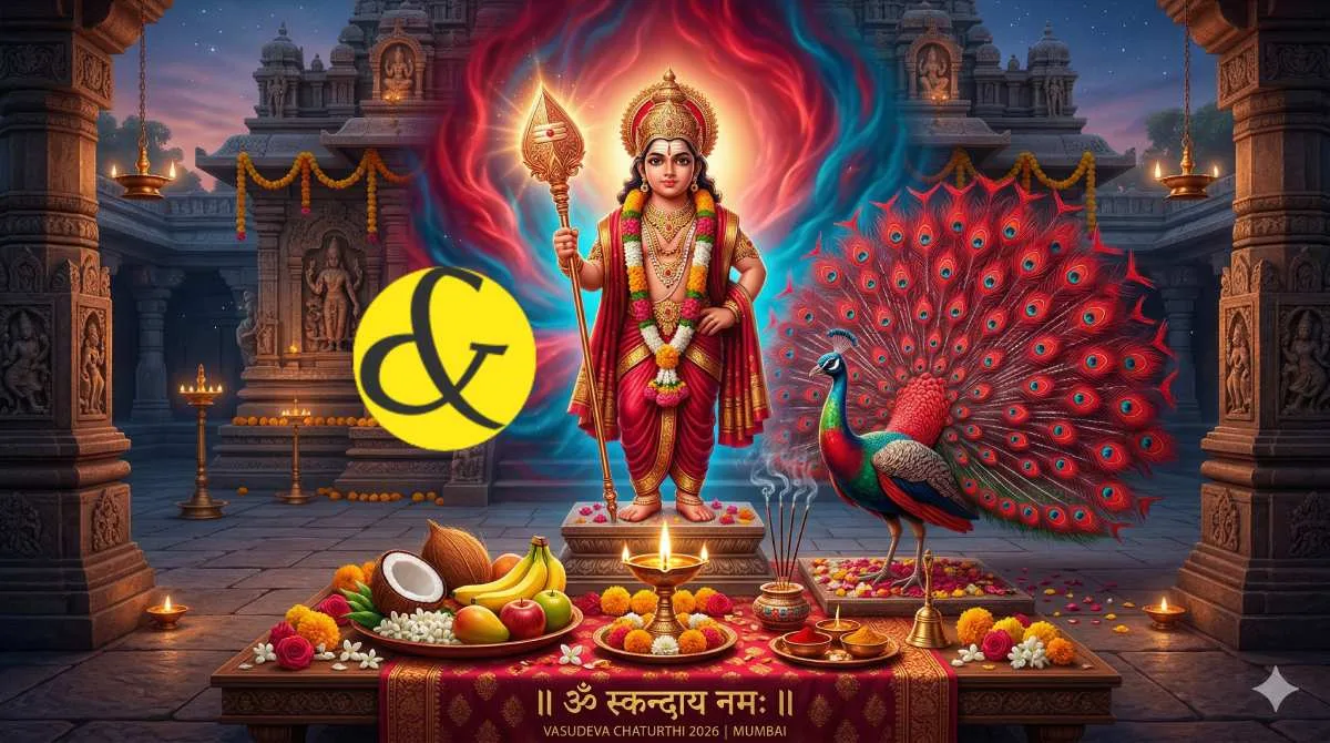Divine illustration of Lord Kartikeya with his peacock and traditional Puja offerings for the Skanda Sashti Vrat on 24 March 2026.