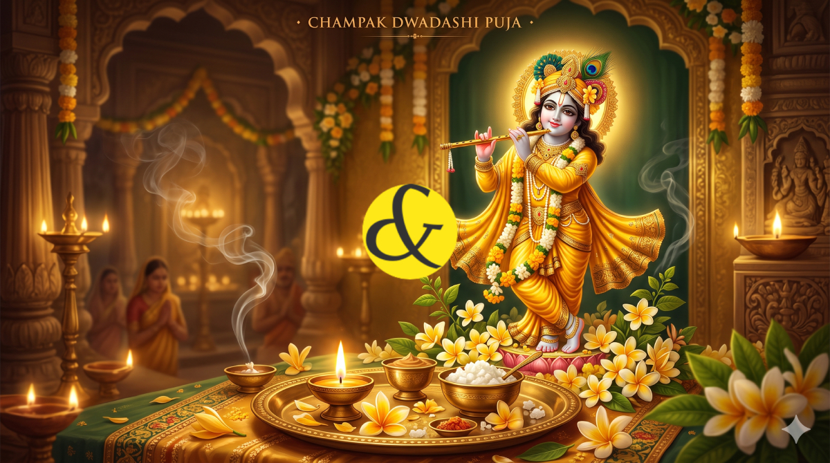 | A divine idol of Lord Krishna being worshipped with fresh, |