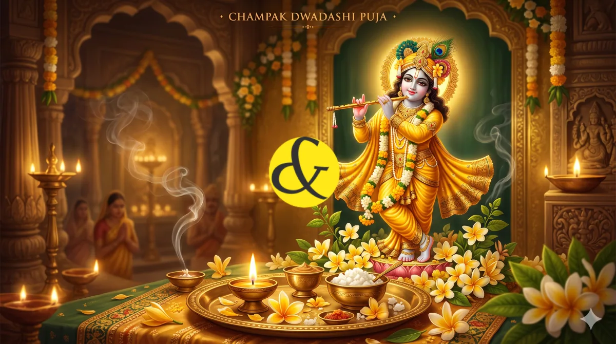 | A divine idol of Lord Krishna being worshipped with fresh, |