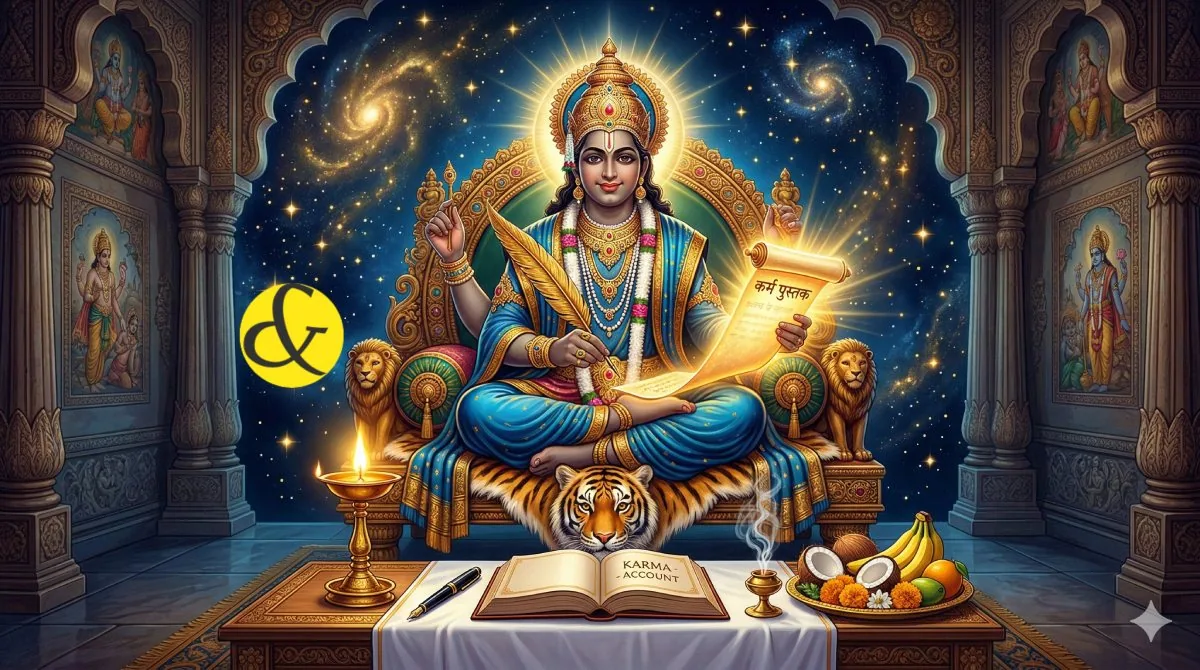 Lord Chitragupta holding a pen and ledger, representing the Puja on 5 March 2026.