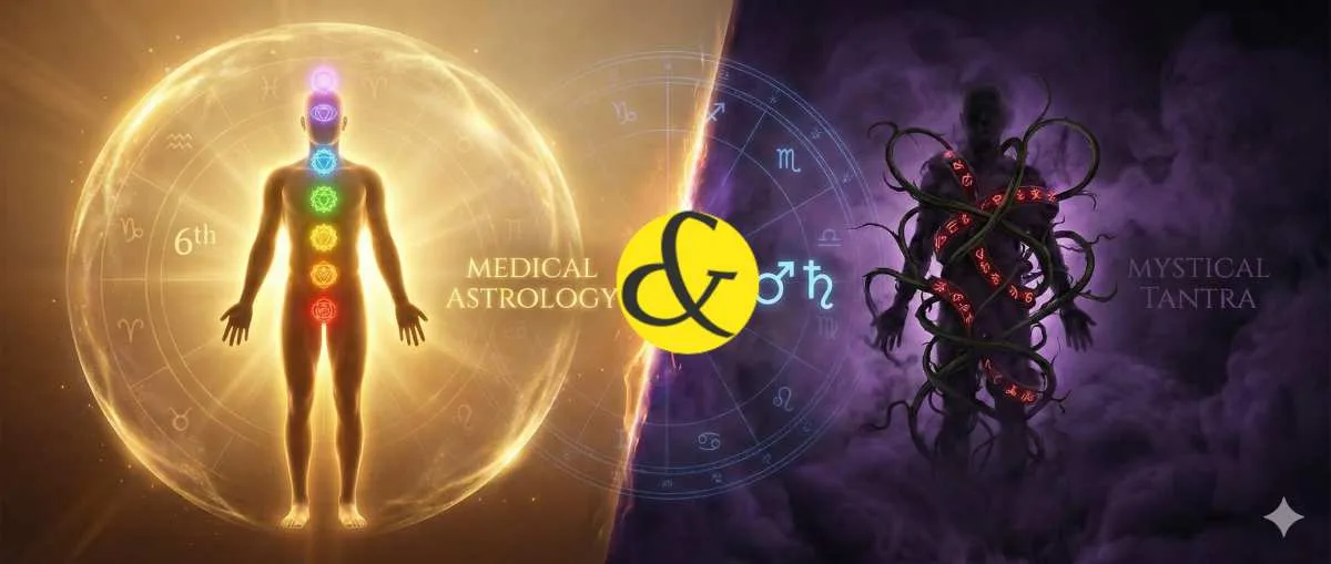 Astrological chart showing the connection between Lagna, 6th House, and Tantric Yogas for disease.
