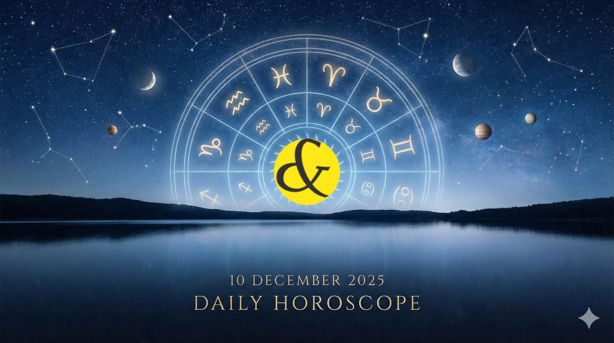 Zodiac wheel graphic highlighting Leo and Libra symbols for the daily horoscope of 10 December 2025.