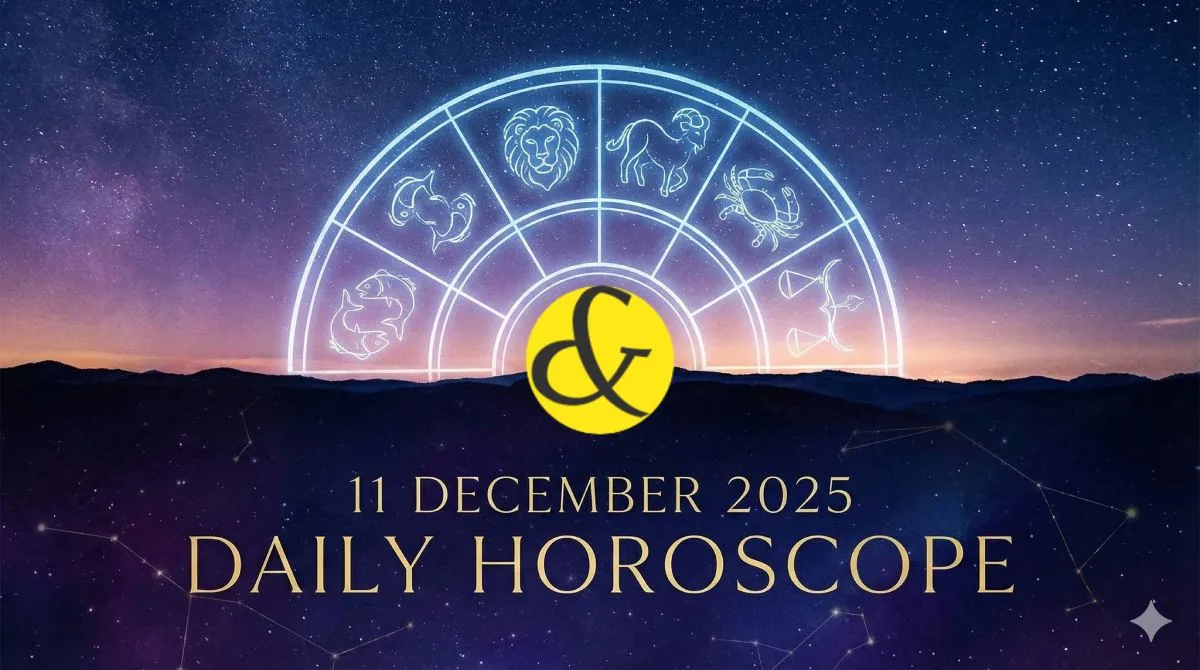 A horoscope graphic for 11 December 2025, displaying the Leo Moon symbol and a calendar icon highlighting the auspicious Abhijit Muhurat time.