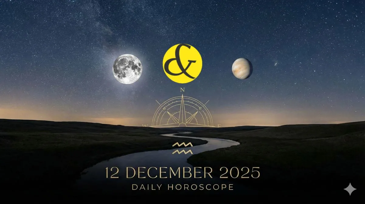 A horoscope graphic for 12 December 2025, displaying the Venus symbol for Friday and a calendar icon highlighting the auspicious Abhijit Muhurat time.