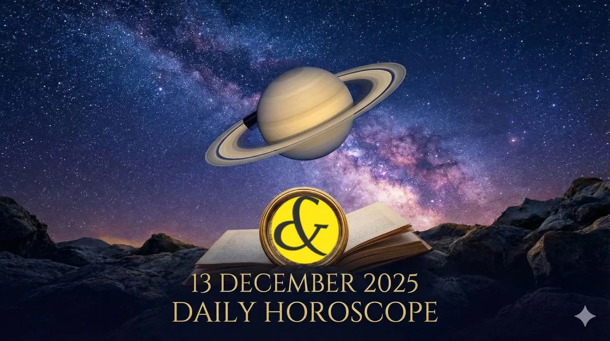 A horoscope graphic for 13 December 2025, displaying the Saturn symbol for Saturday and a calendar card highlighting the auspicious Abhijit Muhurat time.