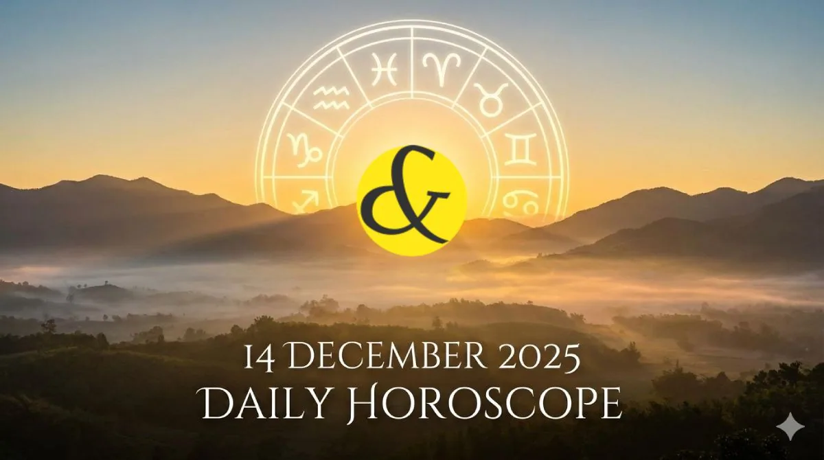 A horoscope graphic for 14 December 2025, featuring the Sun symbol for Sunday and three colorful cards displaying Tithi, Auspicious Timings, and Rahu Kaal.