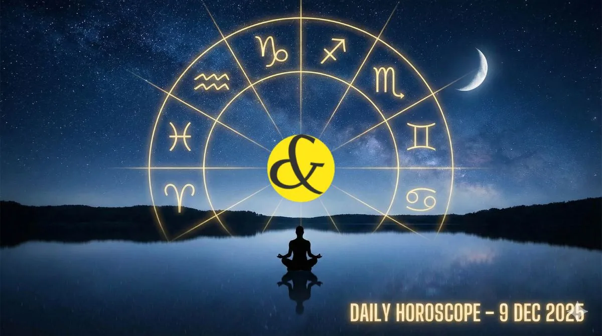 Zodiac wheel graphic highlighting Leo and Aquarius symbols for the daily horoscope of 9 December 2025.
