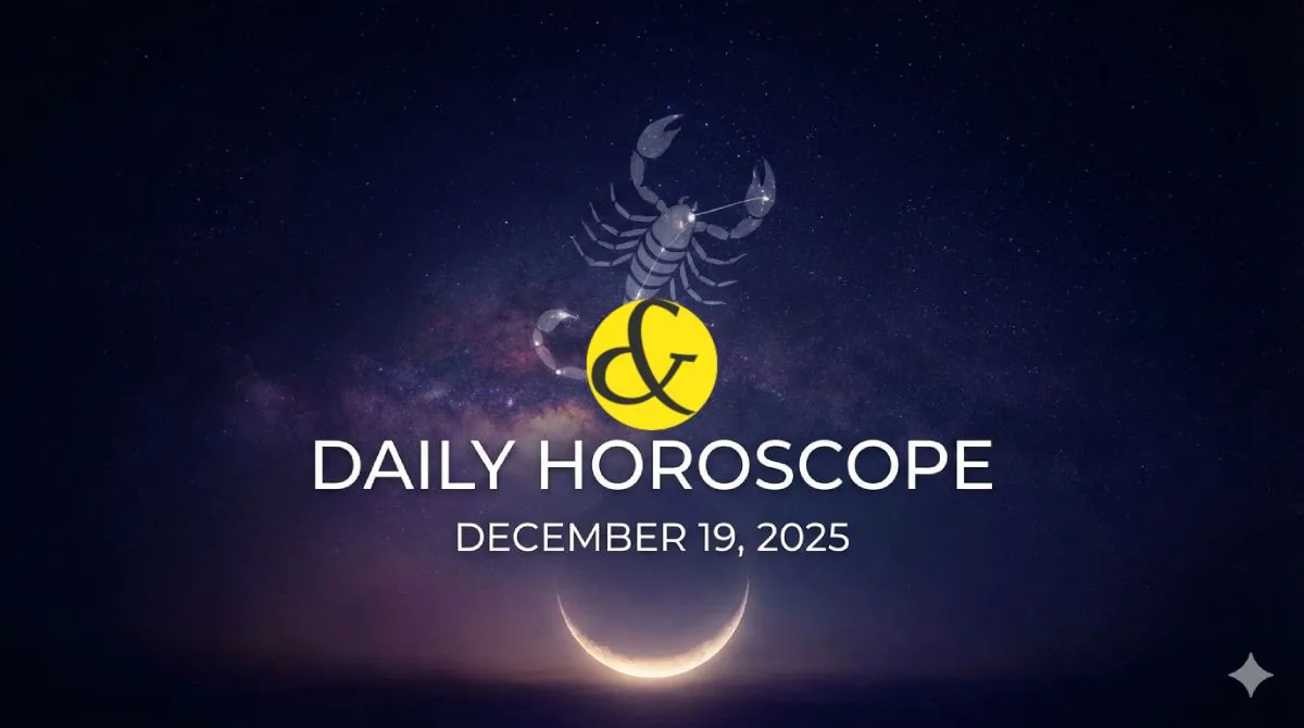 A "Cosmic Dashboard" graphic for December 19, 2025, displaying the New Moon symbol (Amavasya), the Scorpio symbol for Jyeshtha Nakshatra, and a red warning block for Rahu Kaal.