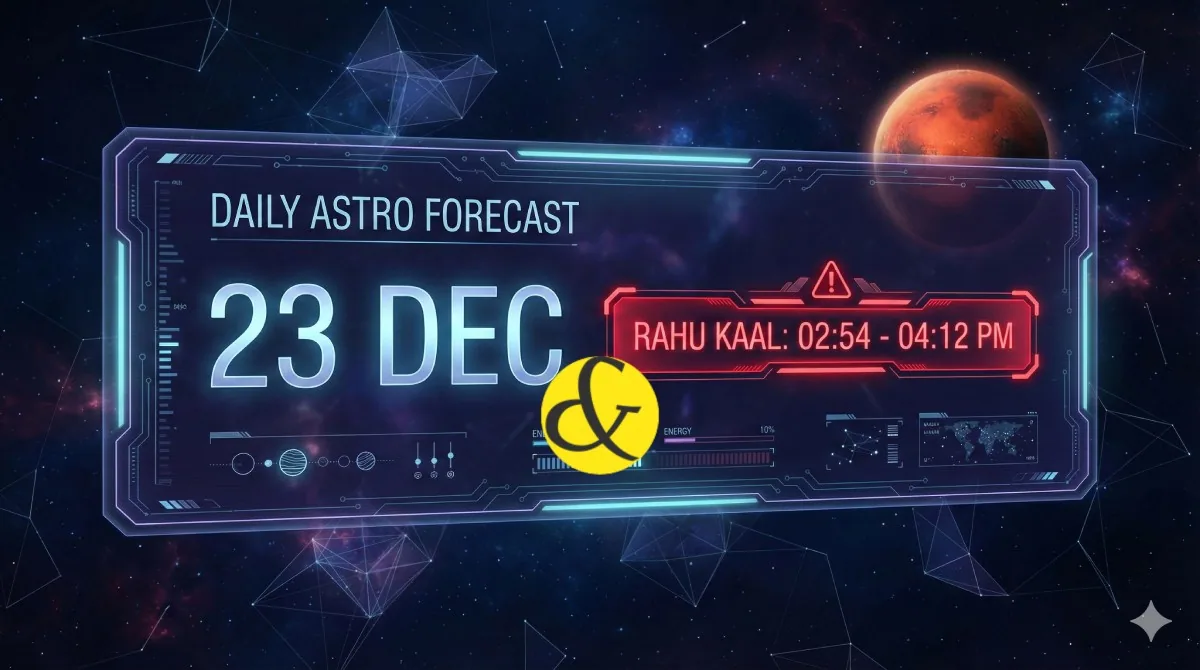 A futuristic HUD-style Panchang interface floating in a deep red and grey cosmic background (representing Mars and Saturn), displaying the date "23 DEC" and Rahu Kaal timings.