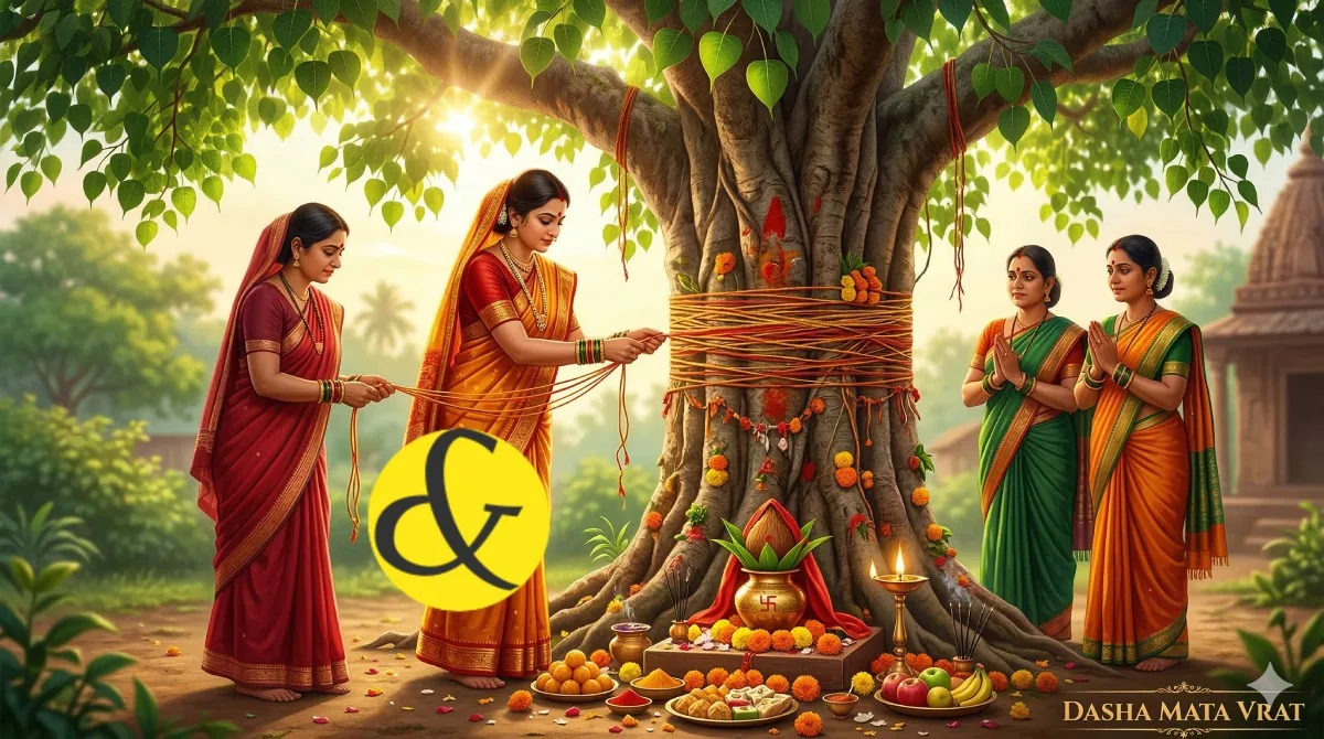 Traditional Indian women tying a sacred 10-knot thread around a Peepal tree during the Dasha Mata Vrat Puja.