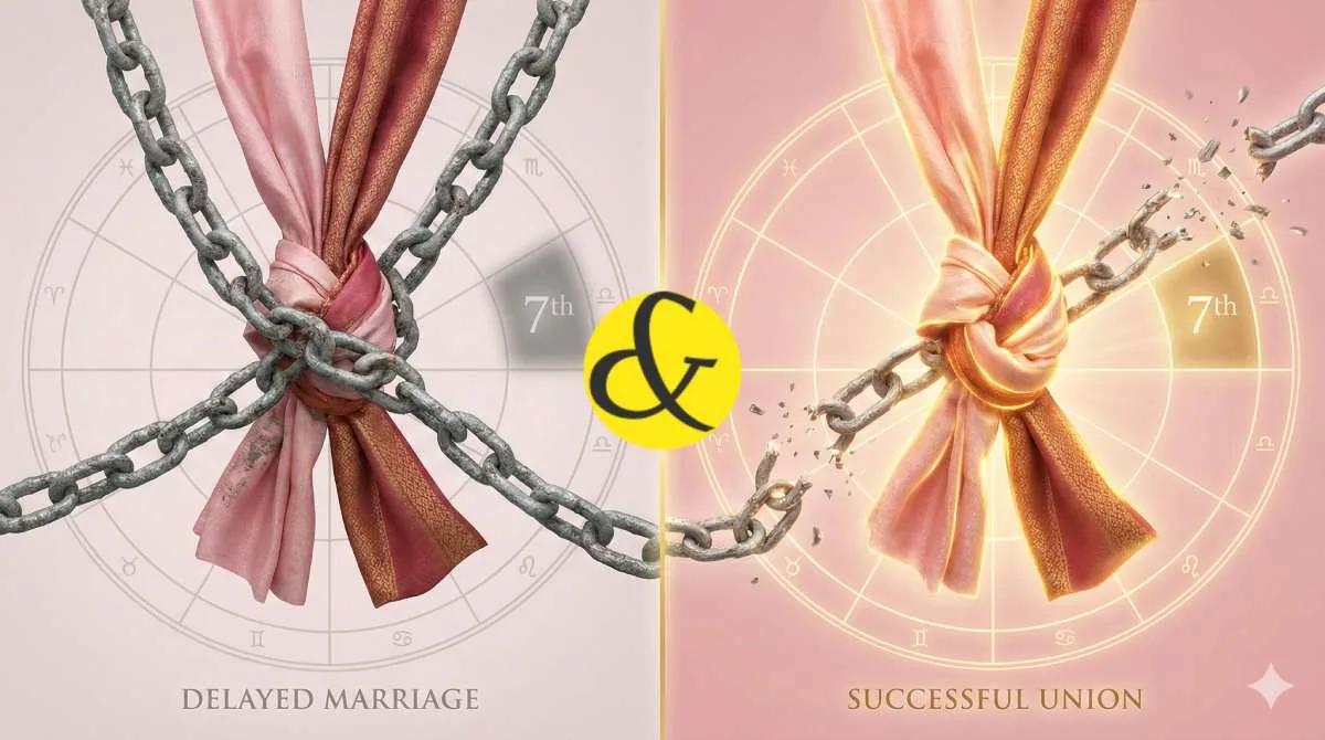 Astrological chart showing Saturn and Rahu blocking the 7th House of Marriage.