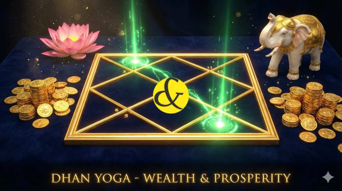 Golden astrological birth chart showing the connection between the 2nd and 11th houses for Dhan Yog.